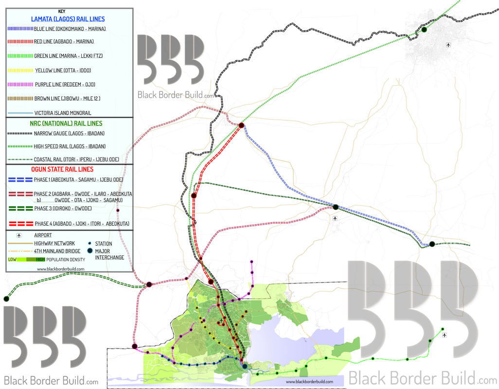Lagos & Ogun State Rail Routes & Population Density (This map is the property of blackborderbuild.com)
